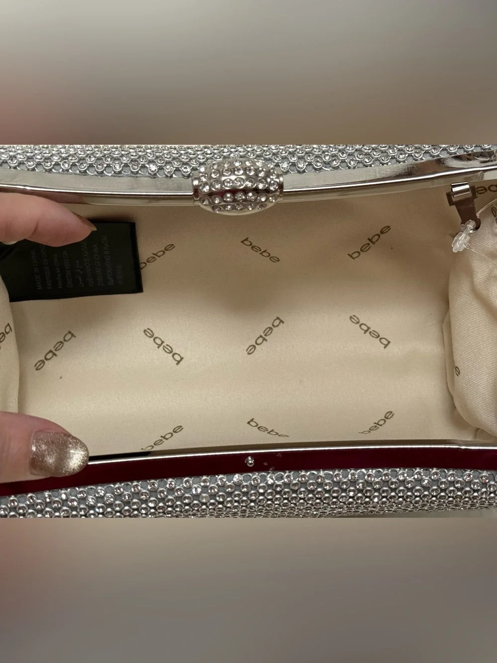 Bebe Silver Crystal-Embellished Evening Clutch